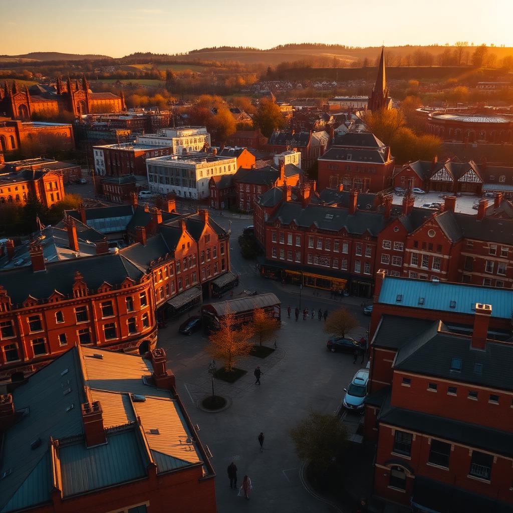 Aerial view of Barnsley town centre at golden hour with red brick Victorian buildings Aerial view of Barnsley town centre at golden hour with red brick Victorian buildings
