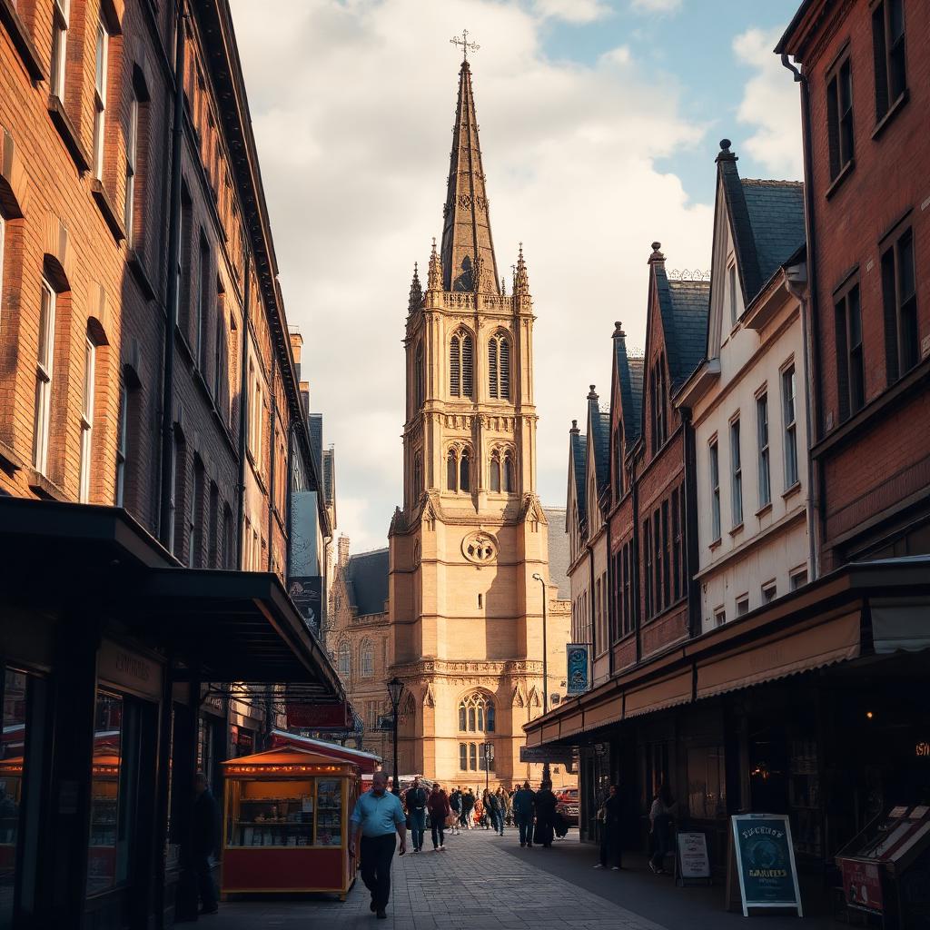 Doncaster town centre with the historic Minster tower and market stalls Doncaster town centre with the historic Minster tower and market stalls