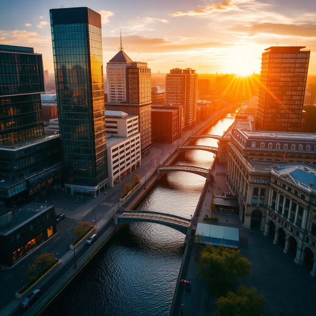 Leeds city centre with modern glass office buildings and the River Aire at golden hour Leeds city centre with modern glass office buildings and the River Aire at golden hour