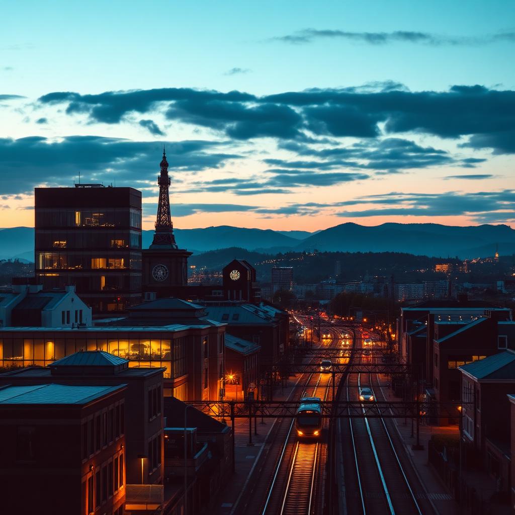 Sheffield city skyline at dusk with modern buildings and the Peak District silhouetted Sheffield city skyline at dusk with modern buildings and the Peak District silhouetted