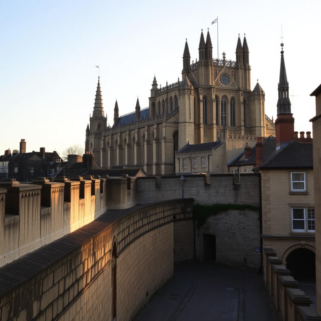 York Minster cathedral at golden hour with medieval city walls in the foreground York Minster cathedral at golden hour with medieval city walls in the foreground