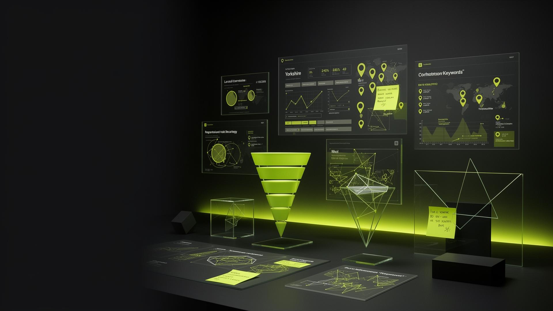 SEO and web design dashboards showing keyword rankings, conversion funnels and Yorkshire local map data