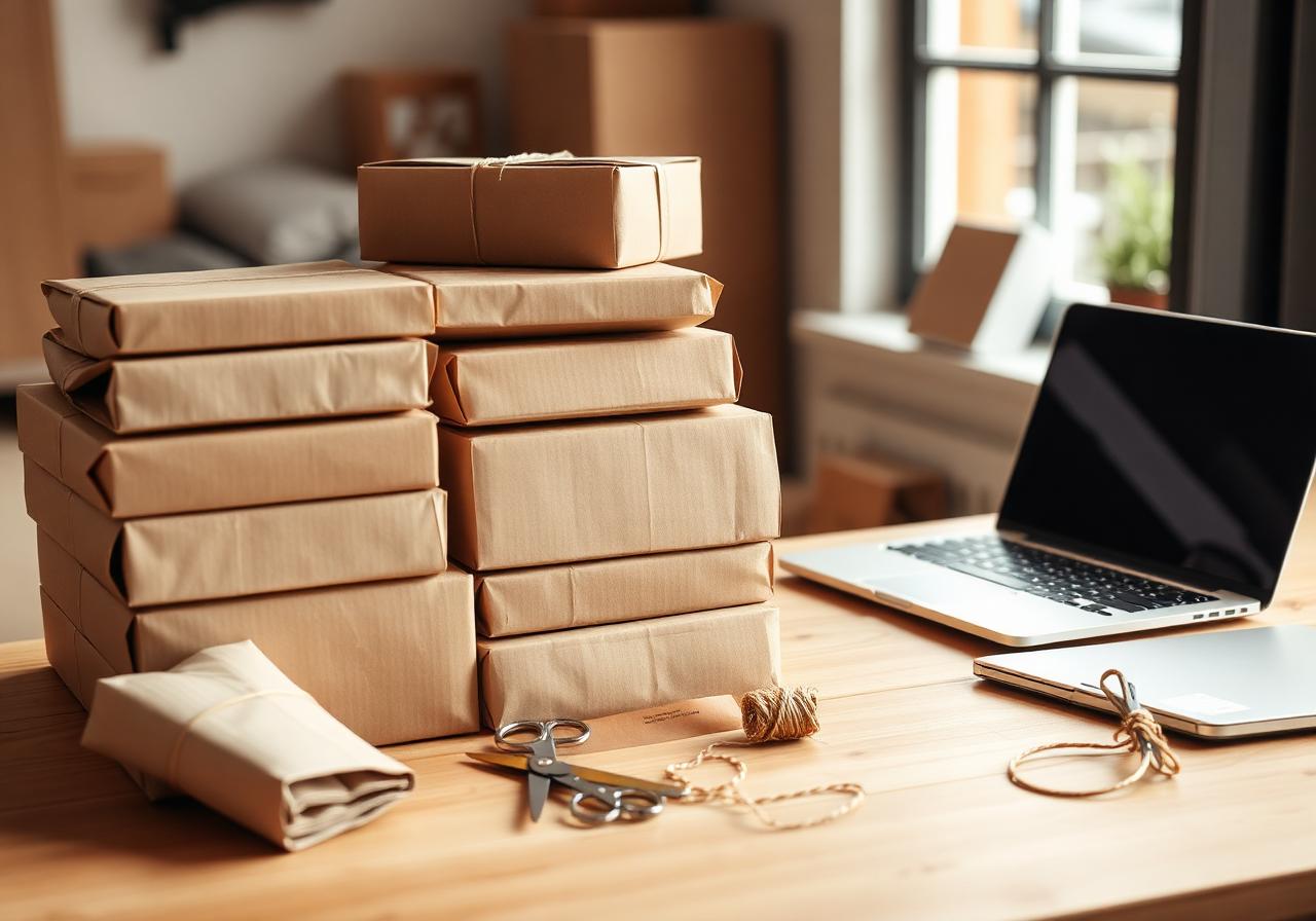 Shopify ecommerce build workspace with product grid, packaging, order notes, and mobile device Shopify ecommerce build workspace with product grid, packaging, order notes, and mobile device
