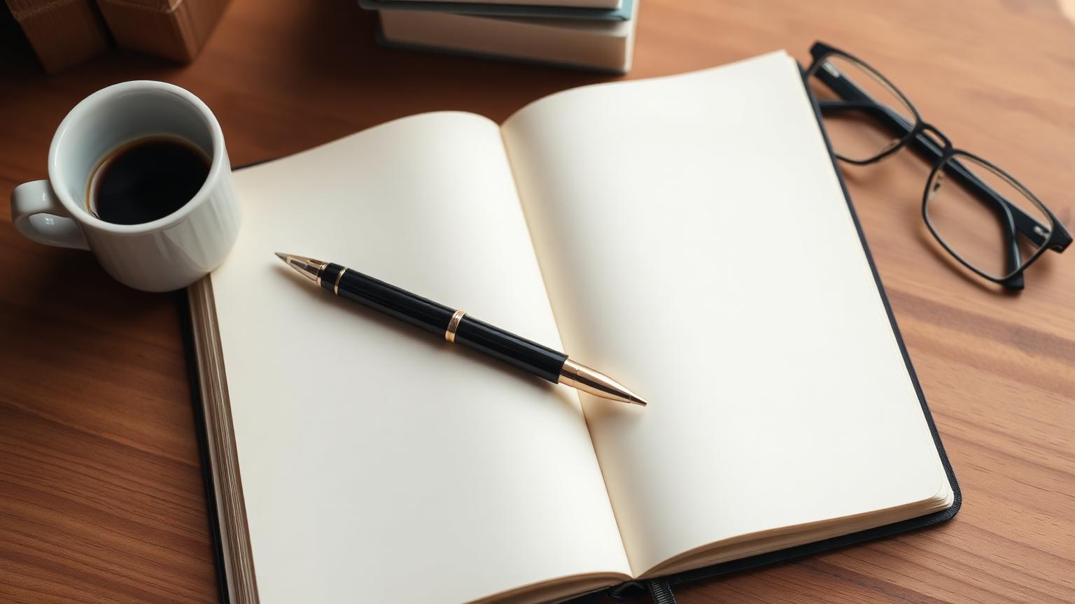 Open notebook, pen, coffee and reading glasses on a wooden desk