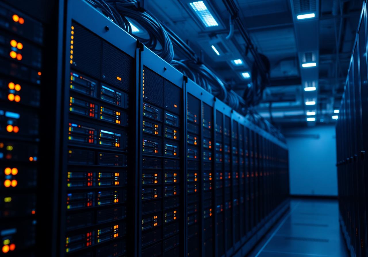 Server room with illuminated racks providing reliable website hosting Server room with illuminated racks providing reliable website hosting