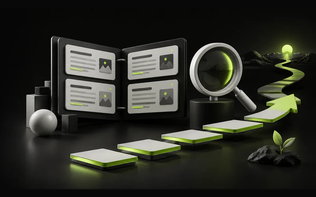 Search results, a magnifying glass and a stepping-stone roadmap illustrating SEO planning Search results, a magnifying glass and a stepping-stone roadmap illustrating SEO planning