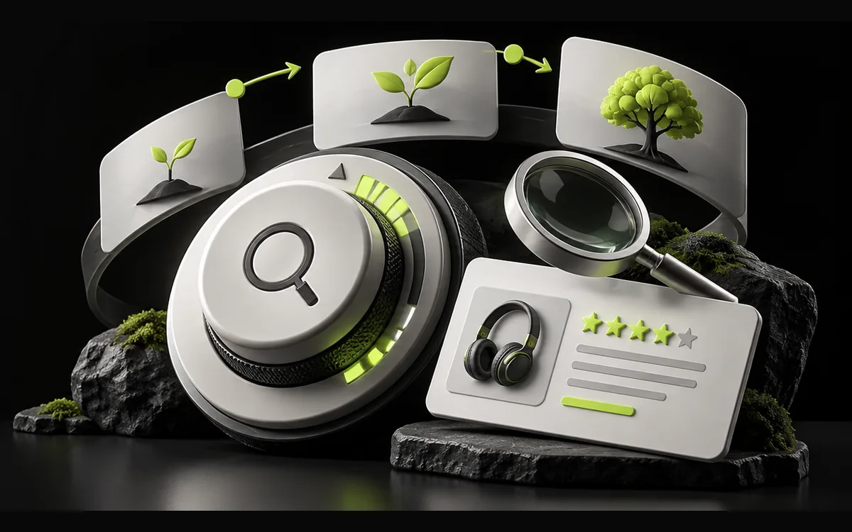 Search dial, content cards and reviewer profile illustrating search algorithm changes