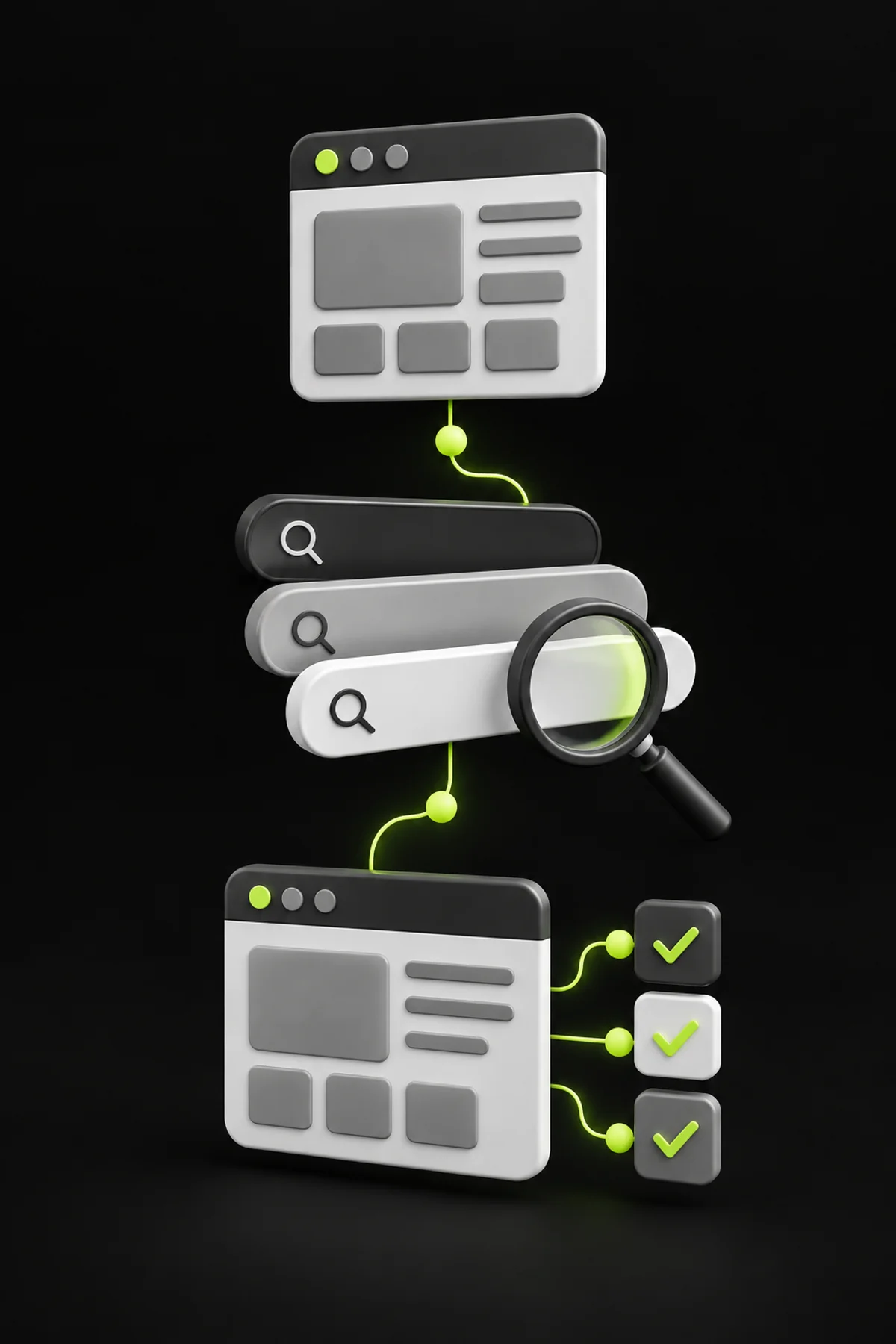 SEO and web design planning Search queries, website layouts and validation checks illustrating SEO and web design planning
