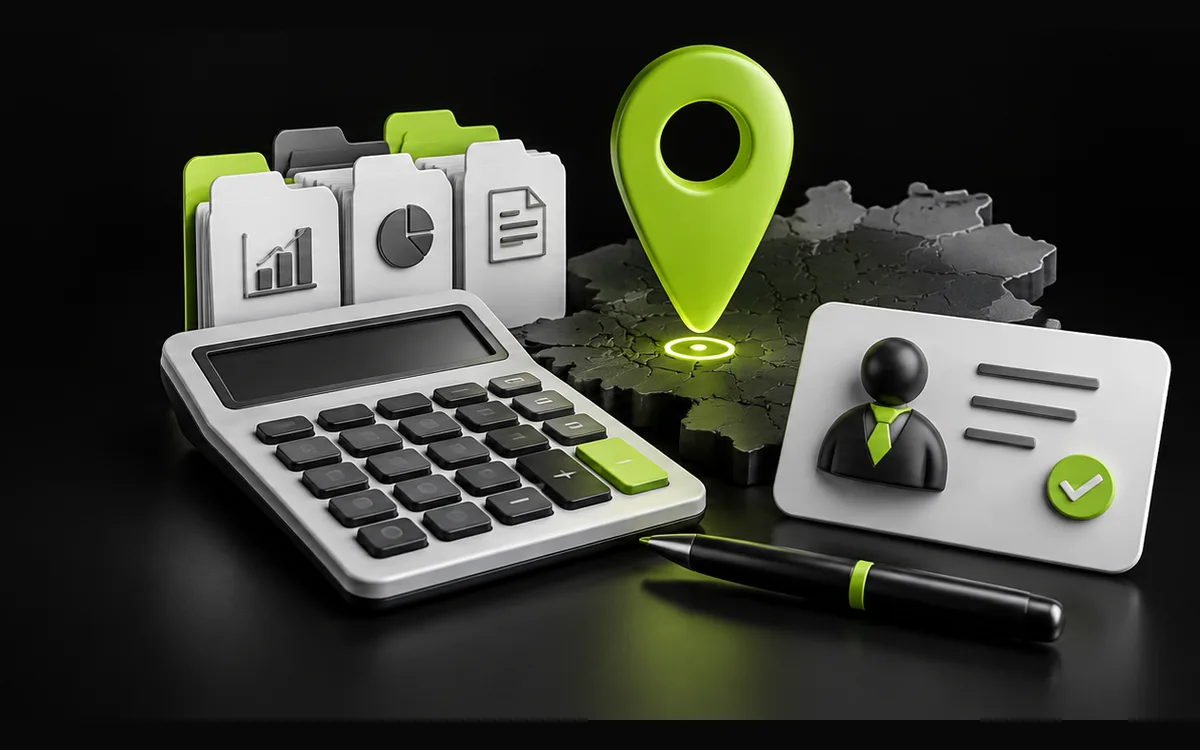 Calculator, business profile and location pin illustrating SEO for Barnsley accountants