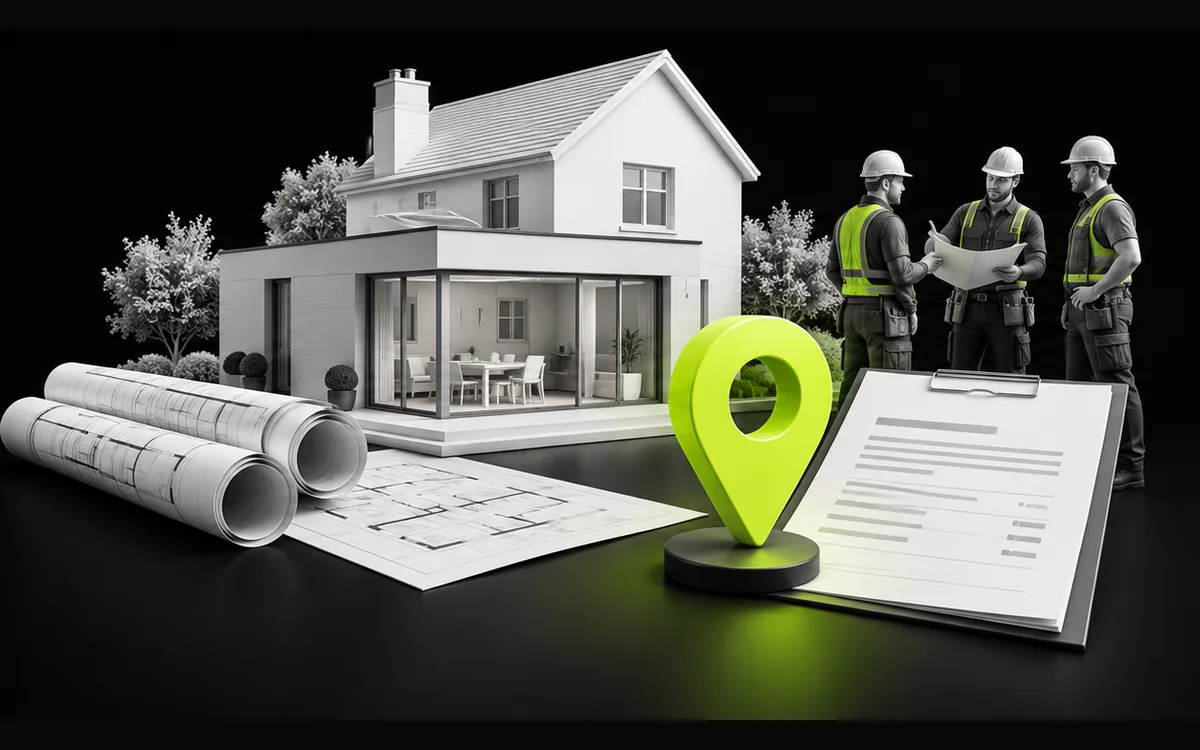 House extension, builders, project plans and location pin illustrating local builders SEO House extension, builders, project plans and location pin illustrating local builders SEO
