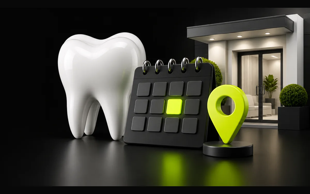 Tooth, appointment calendar and location pin illustrating local dental search and bookings Tooth, appointment calendar and location pin illustrating local dental search and bookings