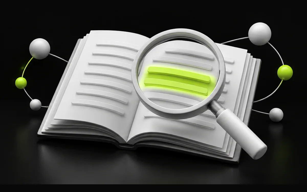 Magnifying glass highlighting a passage in an open book, illustrating passage indexing Magnifying glass highlighting a passage in an open book, illustrating passage indexing