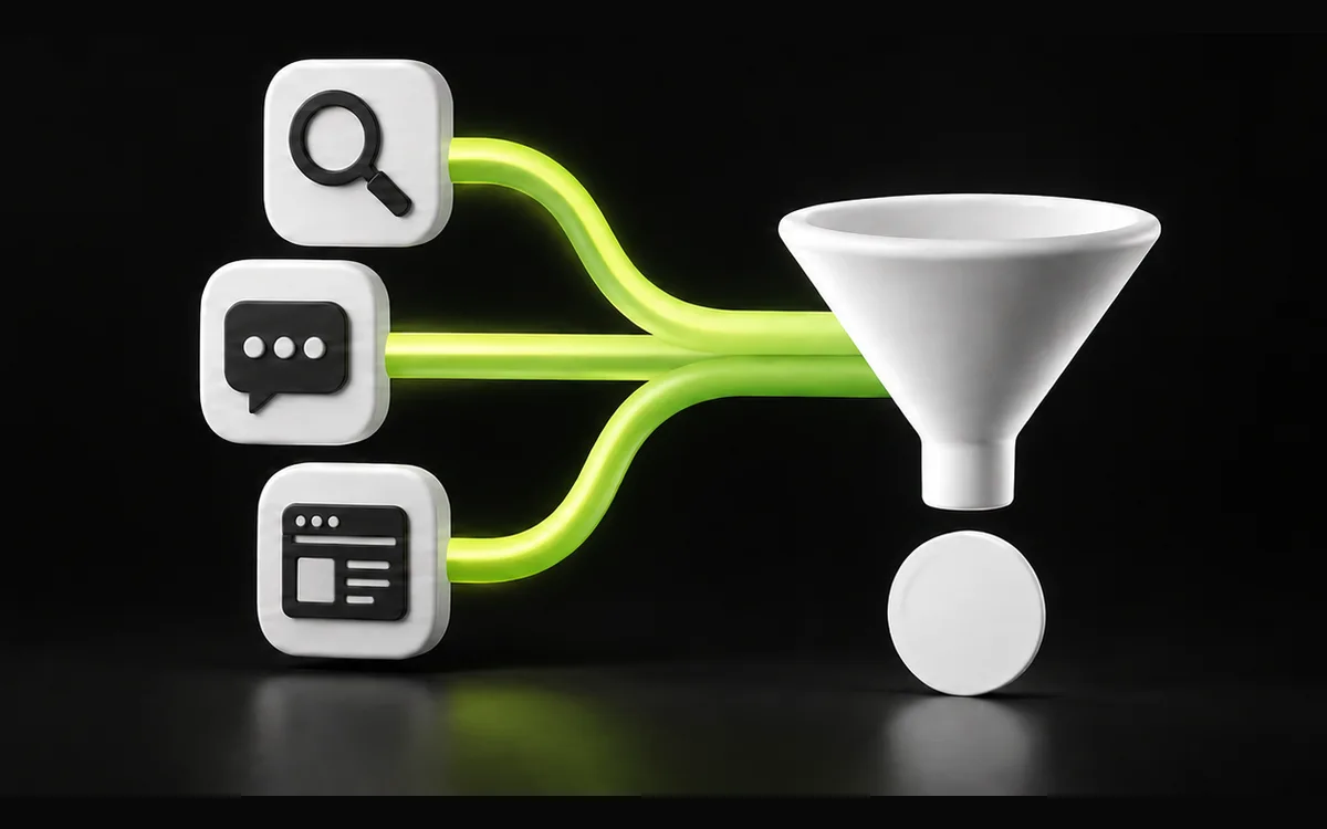 Search, chat and content channels feeding a funnel illustrating SEO revenue attribution Search, chat and content channels feeding a funnel illustrating SEO revenue attribution