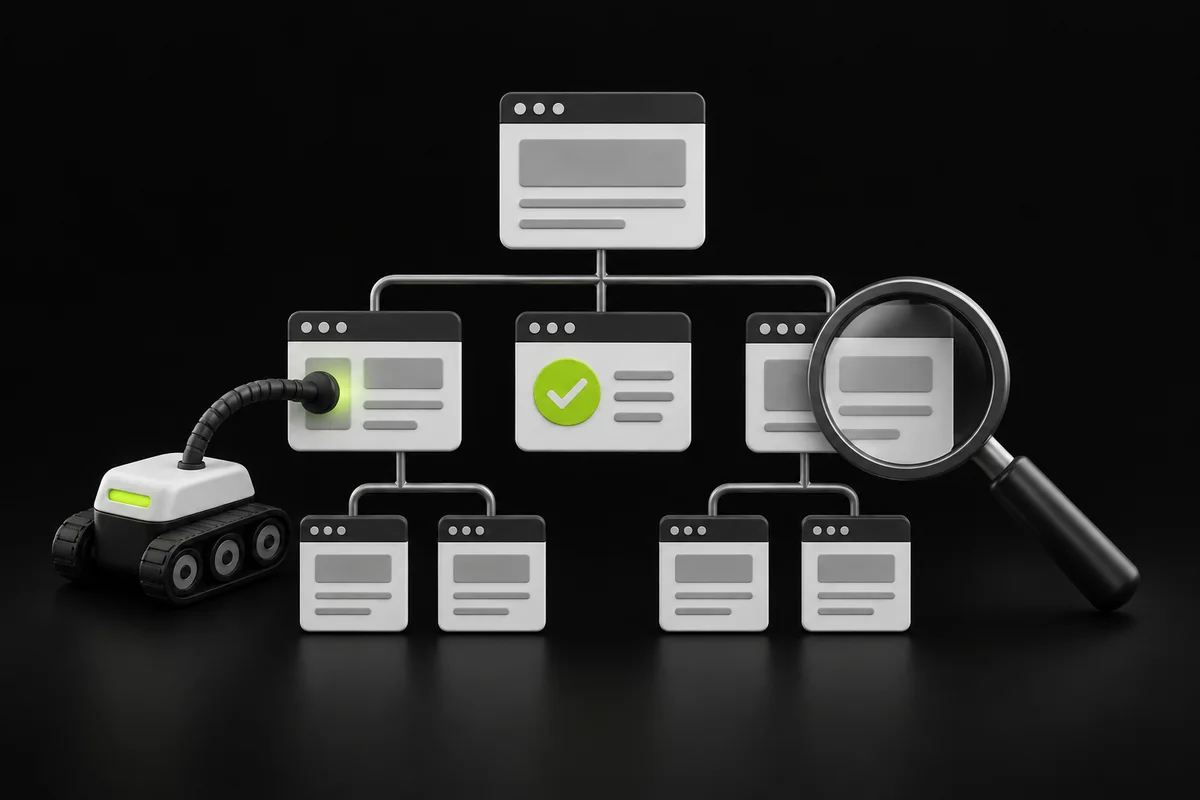 Website page hierarchy and a magnifying glass illustrating a technical SEO crawl audit Website page hierarchy and a magnifying glass illustrating a technical SEO crawl audit