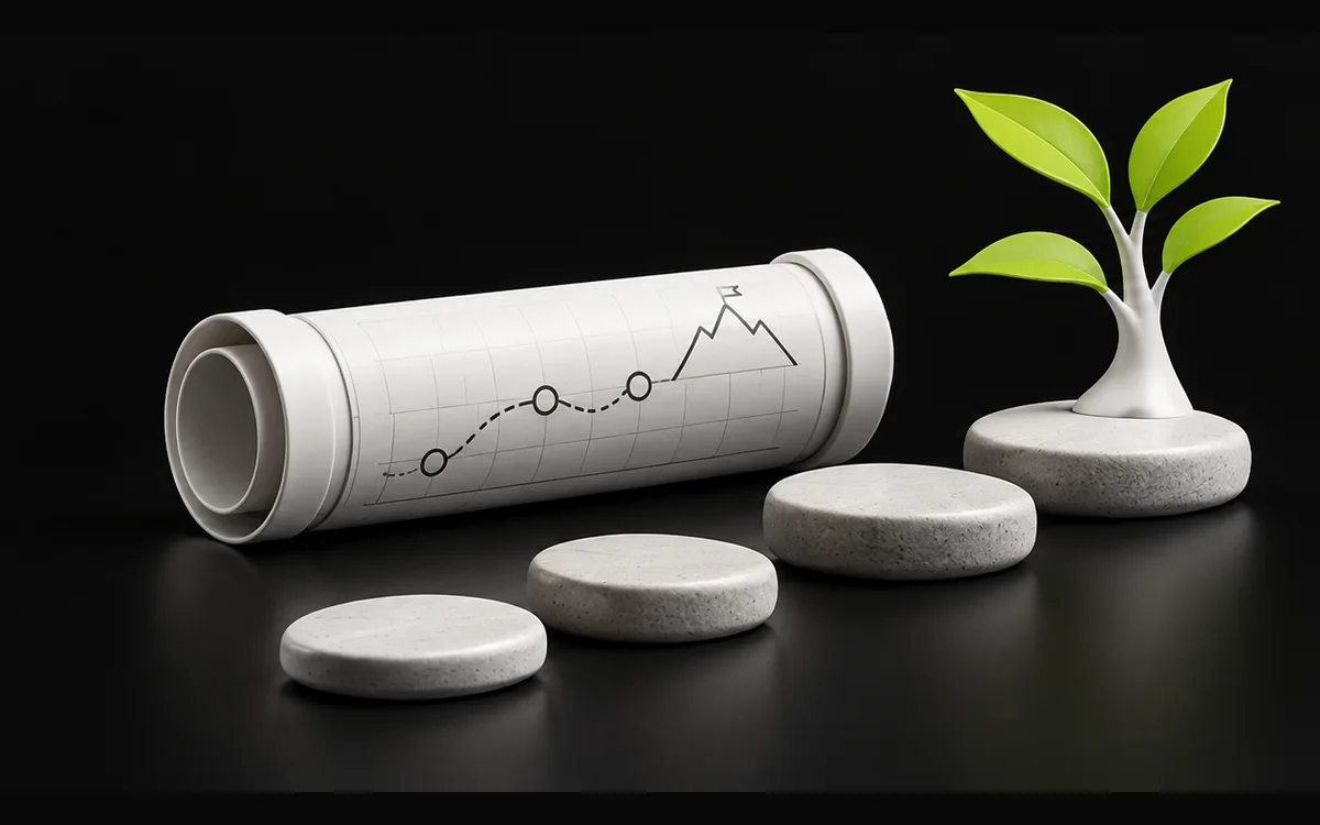 Planning document and stepping stones leading to a growing plant, illustrating an SEO roadmap Planning document and stepping stones leading to a growing plant, illustrating an SEO roadmap