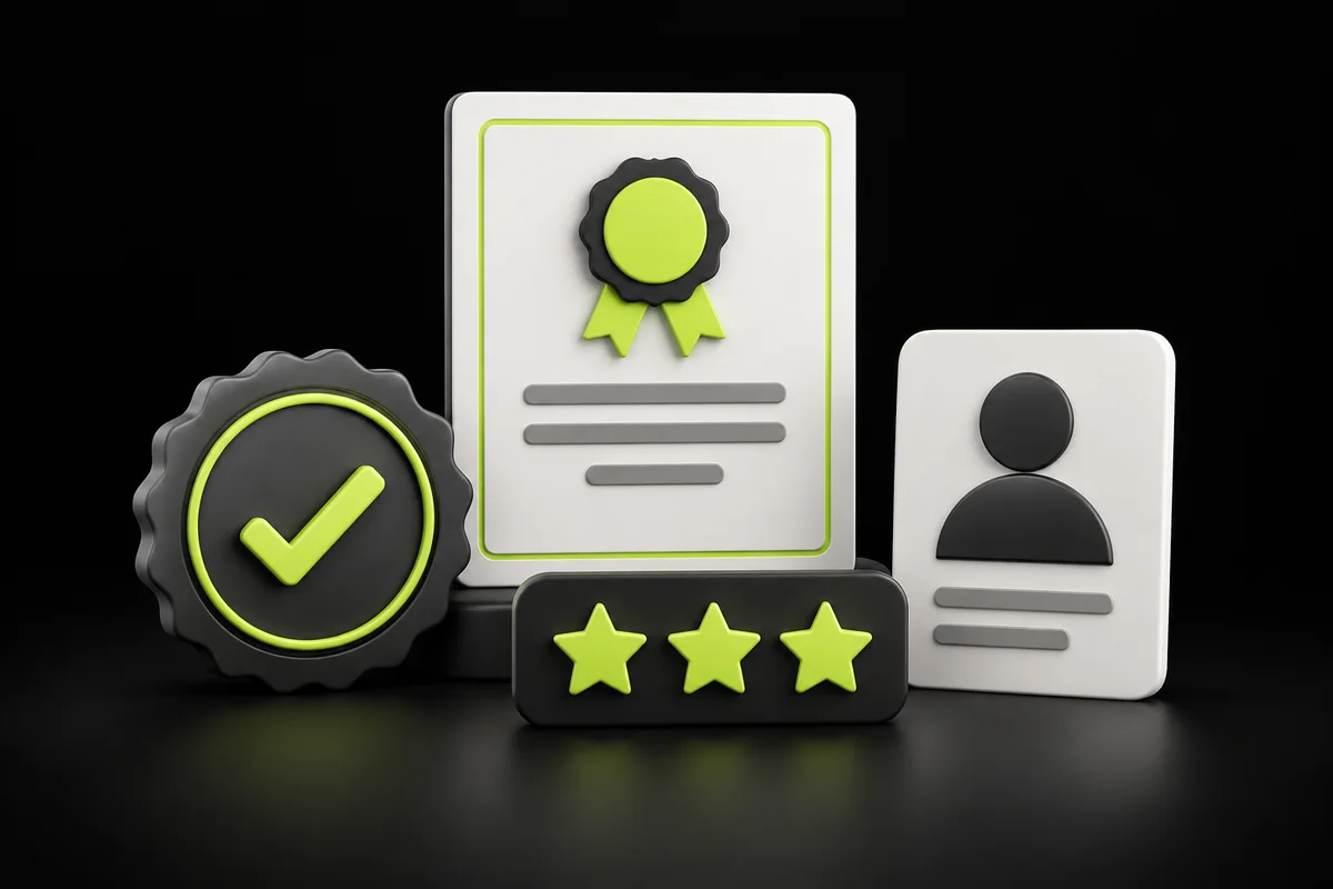 Professional certificate, verified profile and reviews illustrating website trust signals Professional certificate, verified profile and reviews illustrating website trust signals