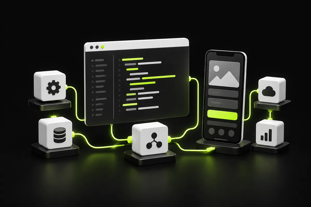 Code window, mobile interface and connected modules illustrating bespoke software development Code window, mobile interface and connected modules illustrating bespoke software development