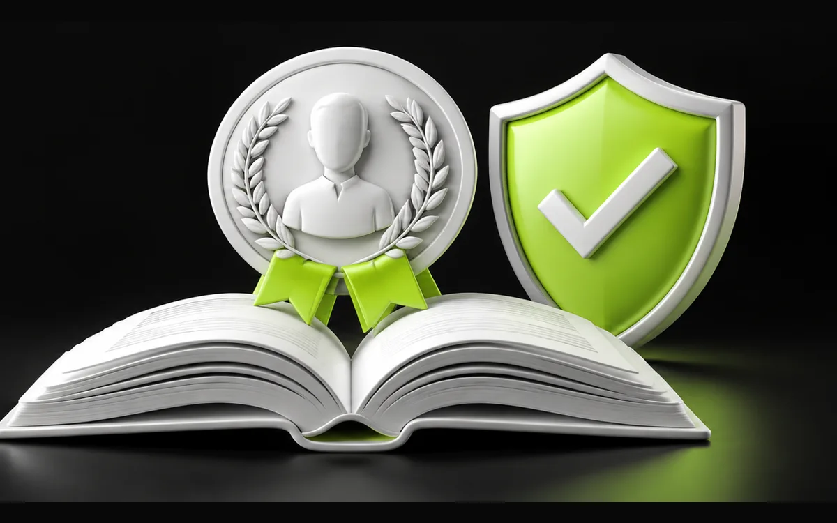 Open book, author medal and shield illustrating expertise and trustworthy content Open book, author medal and shield illustrating expertise and trustworthy content