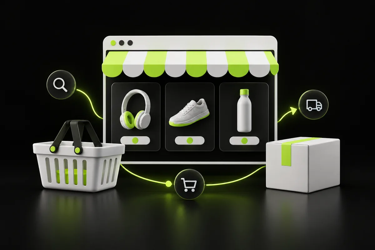 Online storefront, product display, basket and parcel illustrating ecommerce website design Online storefront, product display, basket and parcel illustrating ecommerce website design