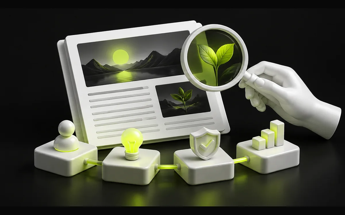 A hand inspecting website content with a magnifying glass, illustrating content quality A hand inspecting website content with a magnifying glass, illustrating content quality