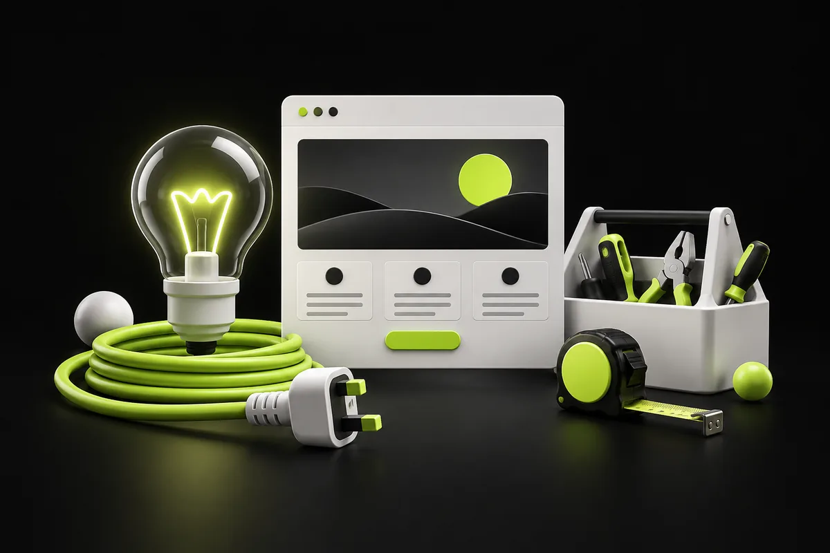 Lightbulb, electrical tools and a service website illustrating SEO for electricians Lightbulb, electrical tools and a service website illustrating SEO for electricians