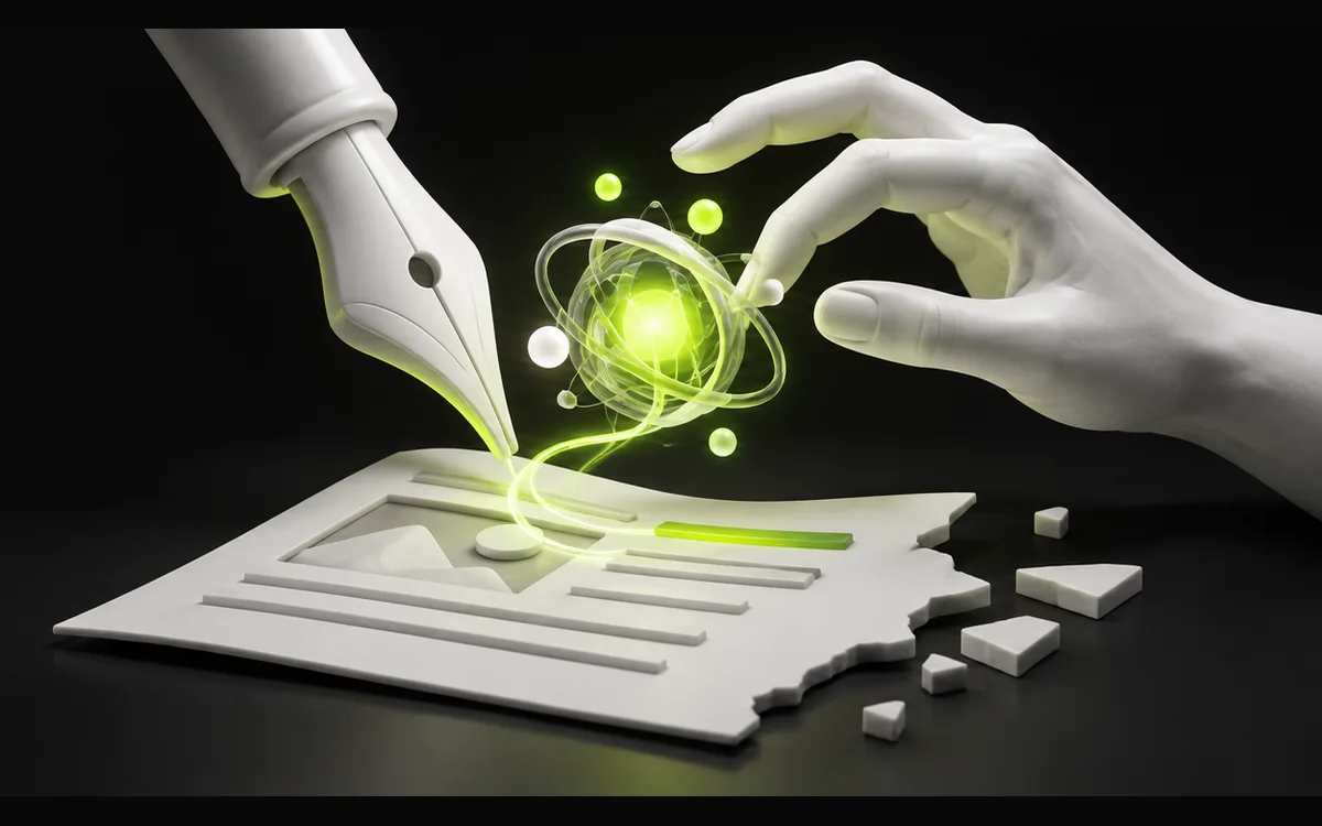 Pen and human hand shaping content with an AI symbol, illustrating assisted content creation Pen and human hand shaping content with an AI symbol, illustrating assisted content creation