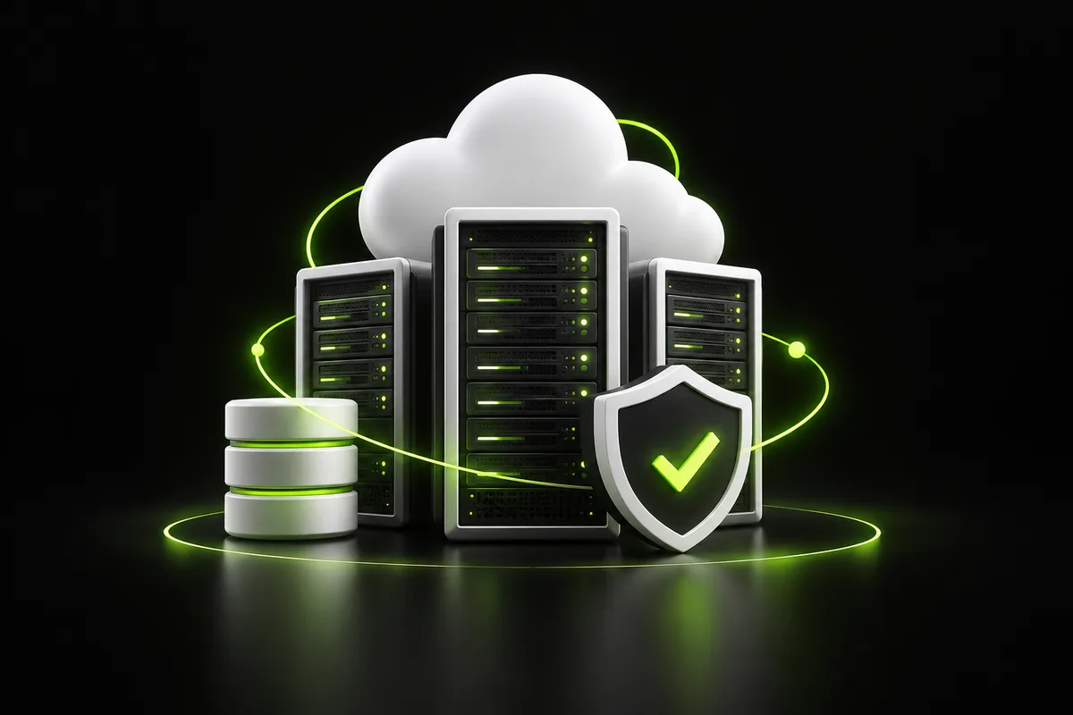 Server racks, cloud and security shield illustrating managed website hosting Server racks, cloud and security shield illustrating managed website hosting