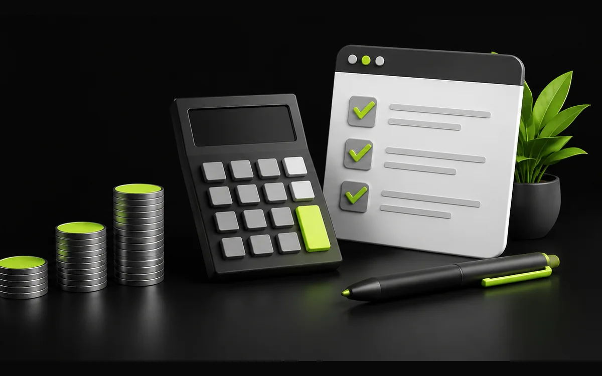 Calculator, coins and a scope checklist illustrating SEO budgeting for a Barnsley business Calculator, coins and a scope checklist illustrating SEO budgeting for a Barnsley business