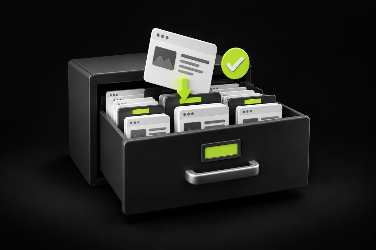 Website pages organised in a search-index drawer with a validation check Website pages organised in a search-index drawer with a validation check
