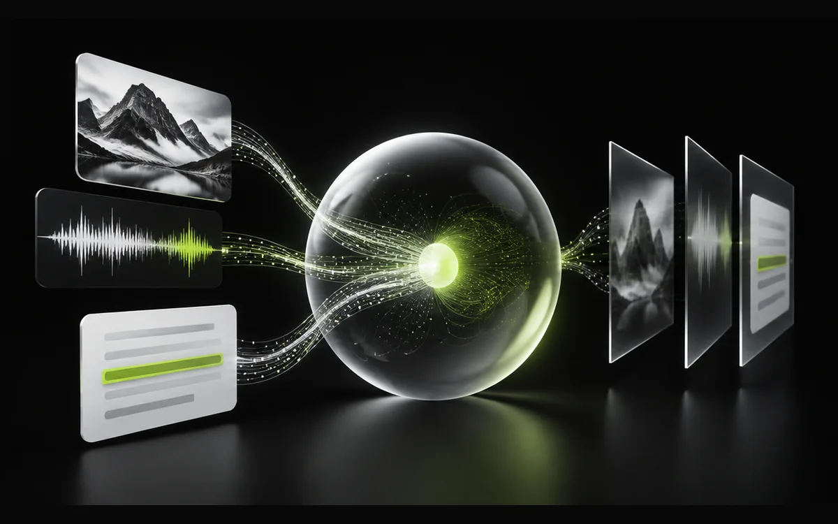 Image, audio and text passing through a search lens, illustrating multimodal search Image, audio and text passing through a search lens, illustrating multimodal search