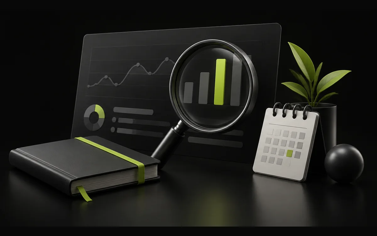 Calendar and magnifying glass over search analytics illustrating a monthly SEO review Calendar and magnifying glass over search analytics illustrating a monthly SEO review