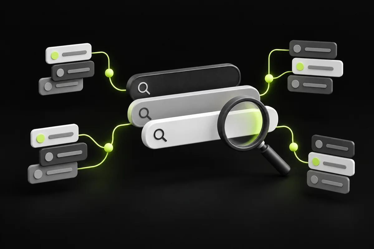 Search queries connected into keyword clusters with a magnifying glass for SEO research Search queries connected into keyword clusters with a magnifying glass for SEO research