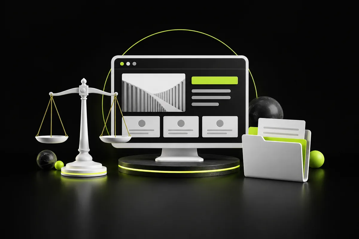 Legal scales, case files and a law firm website illustrating legal SEO Legal scales, case files and a law firm website illustrating legal SEO