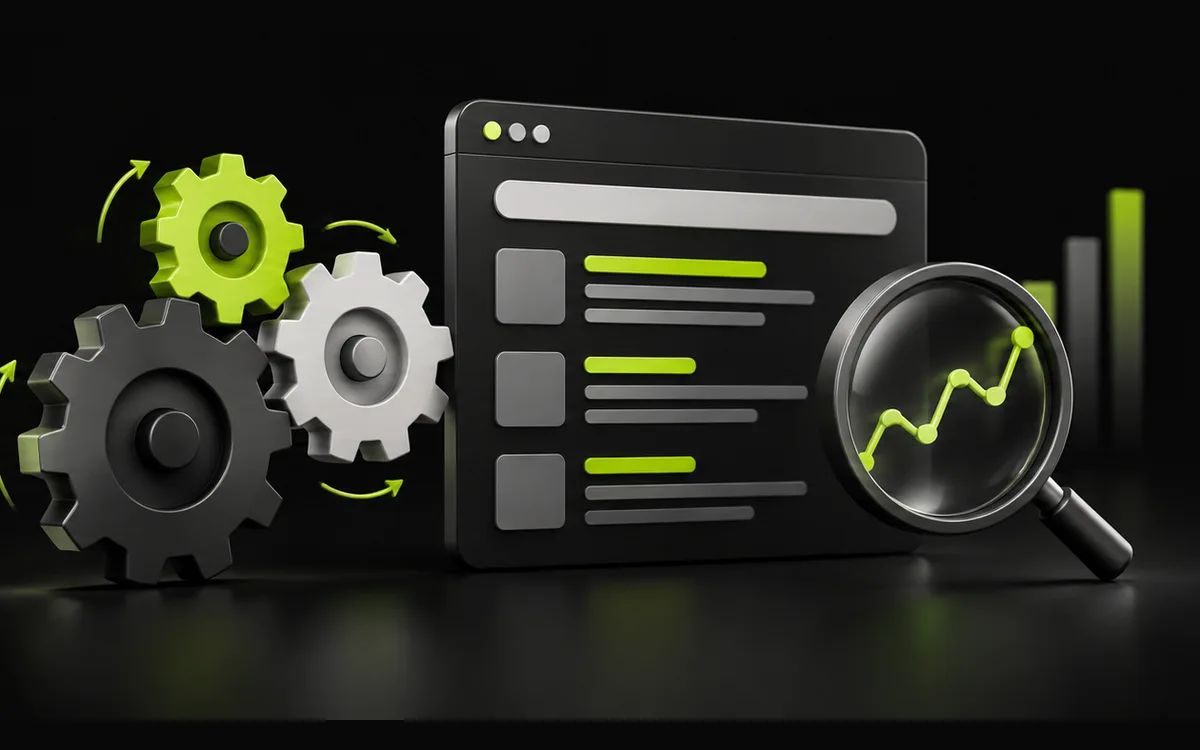 Search results, gears and a performance lens illustrating an algorithm-update review Search results, gears and a performance lens illustrating an algorithm-update review