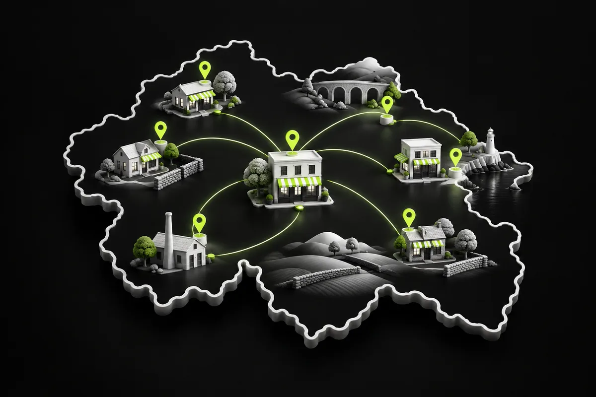 Conceptual Yorkshire map connecting local businesses with location pins Conceptual Yorkshire map connecting local businesses with location pins