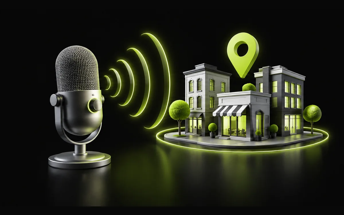 Microphone and local businesses illustrating voice search and local SEO Microphone and local businesses illustrating voice search and local SEO