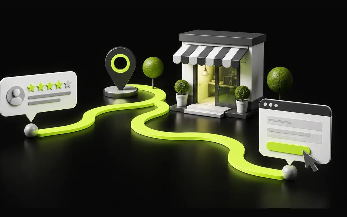 Reviews, location pin, shop and website linked in a local customer journey