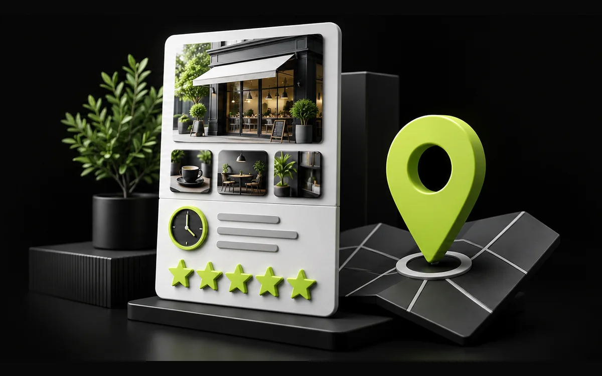 Business profile with photos, hours, reviews and a map pin illustrating local SEO Business profile with photos, hours, reviews and a map pin illustrating local SEO