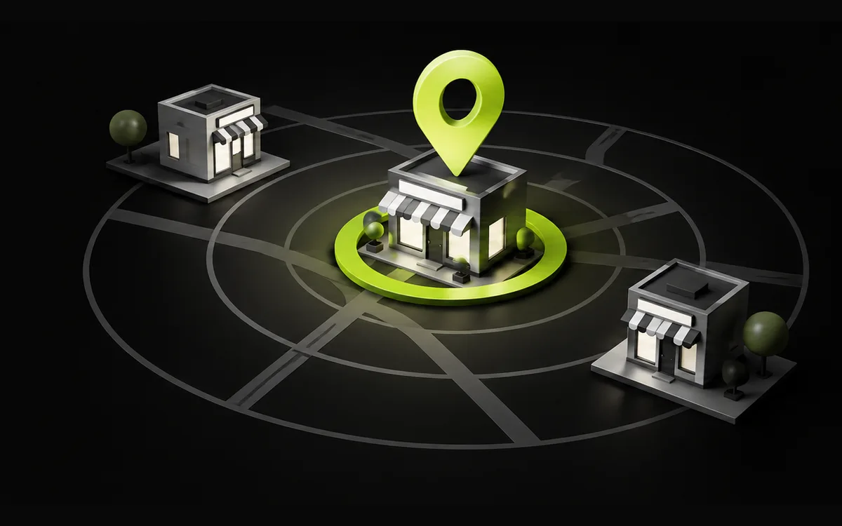 Nearby shops and a location pin illustrating proximity in local search Nearby shops and a location pin illustrating proximity in local search