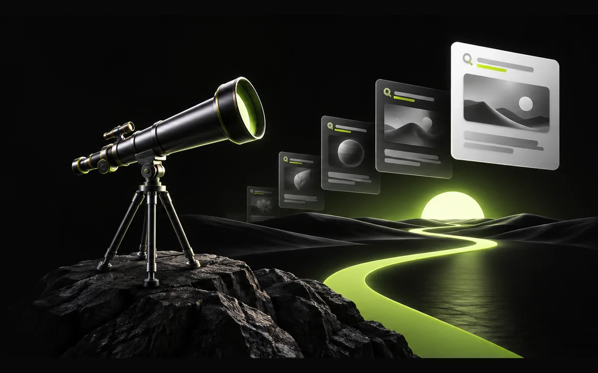 Telescope, website pages and a path towards the horizon illustrating future SEO planning Telescope, website pages and a path towards the horizon illustrating future SEO planning