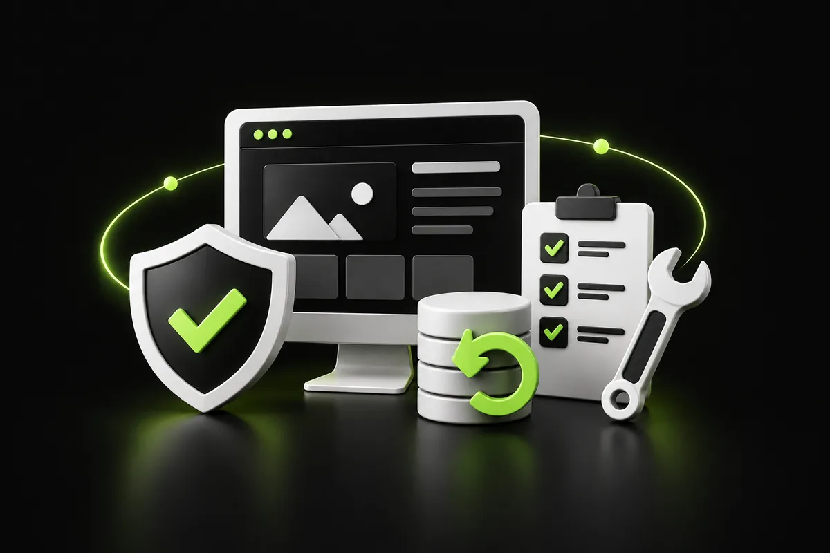 Website, security shield, backup symbol and tools illustrating website maintenance Website, security shield, backup symbol and tools illustrating website maintenance