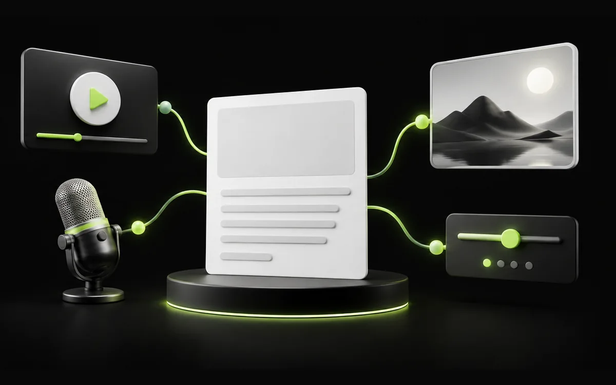 Article linked to video, audio, images and chat illustrating a multi-format content strategy