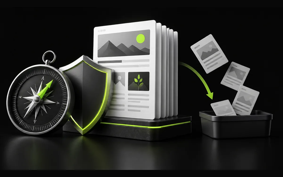 Website content, shield and compass illustrating core and spam update assessment Website content, shield and compass illustrating core and spam update assessment
