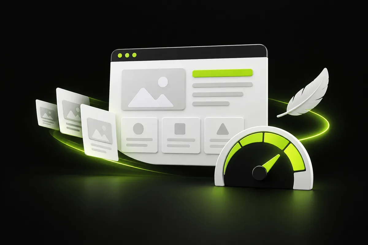 Website pages, feather and speed gauge illustrating web performance optimisation Website pages, feather and speed gauge illustrating web performance optimisation