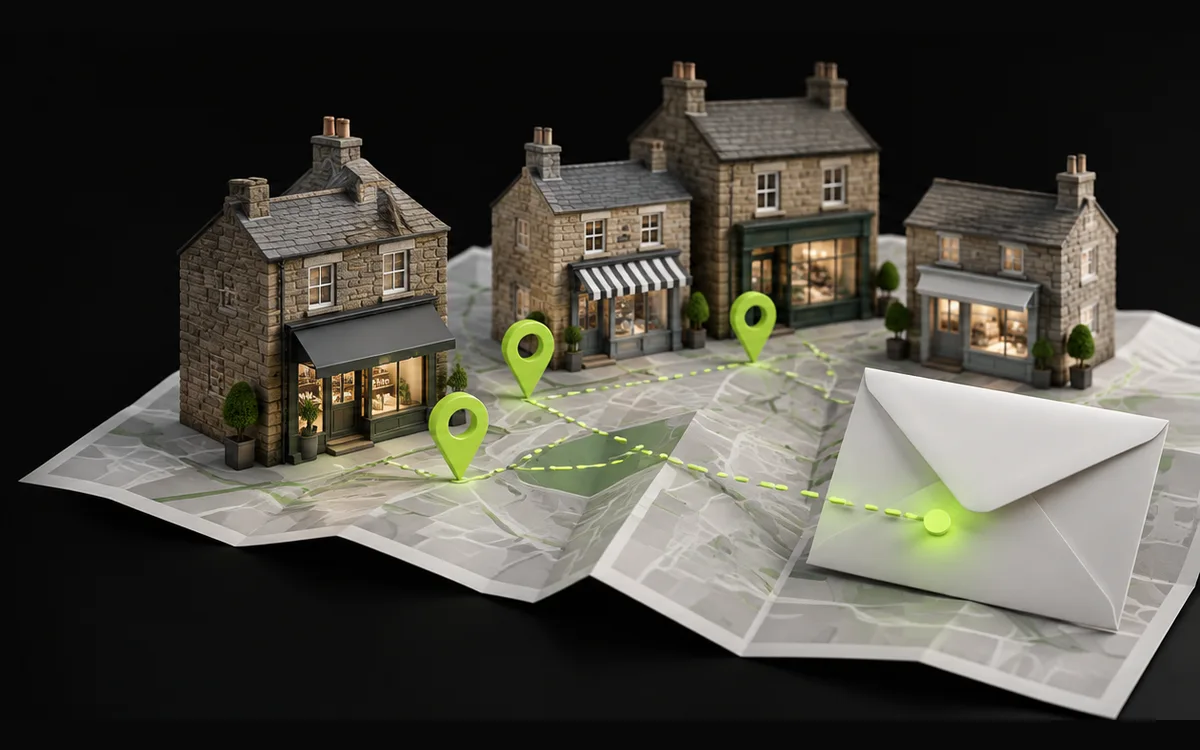 Yorkshire-style shops, map pins and an enquiry envelope illustrating local business SEO