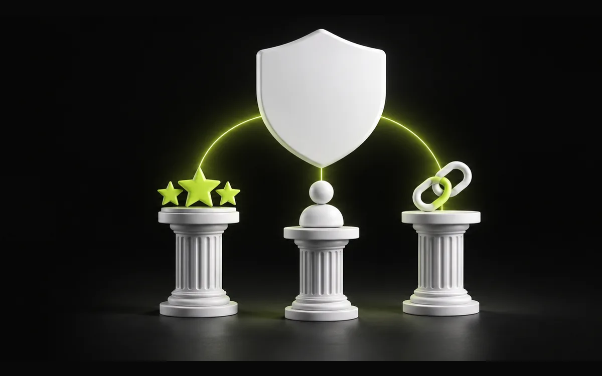 Reviews, identity and links supporting a shield, illustrating brand authority in SEO Reviews, identity and links supporting a shield, illustrating brand authority in SEO