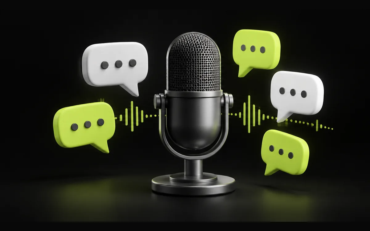 Microphone surrounded by speech bubbles illustrating conversational search Microphone surrounded by speech bubbles illustrating conversational search