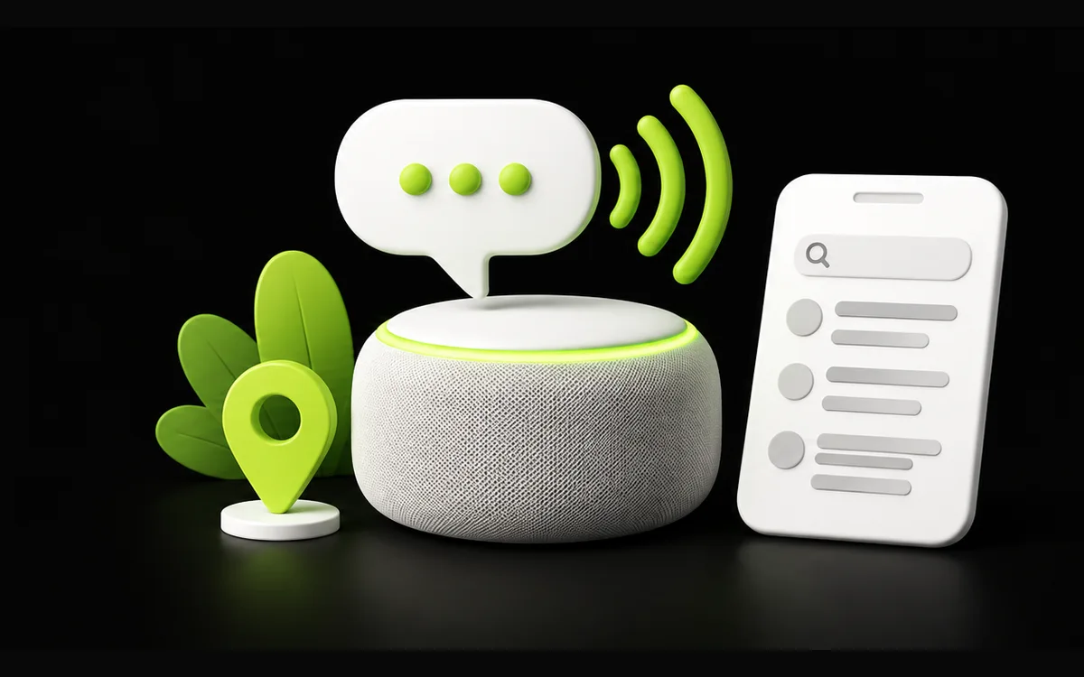 Smart speaker, spoken question and search results illustrating voice search queries Smart speaker, spoken question and search results illustrating voice search queries