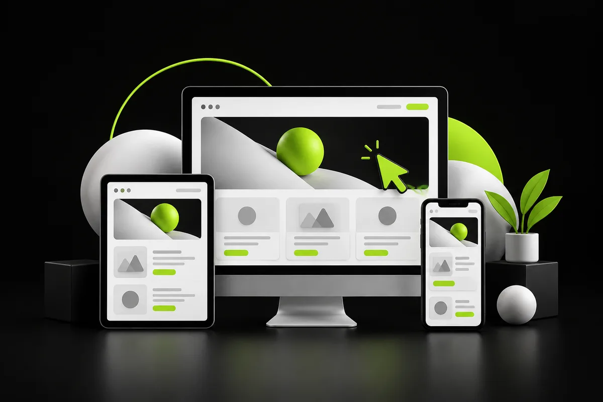 Website layouts across desktop, tablet and phone illustrating responsive web design Website layouts across desktop, tablet and phone illustrating responsive web design