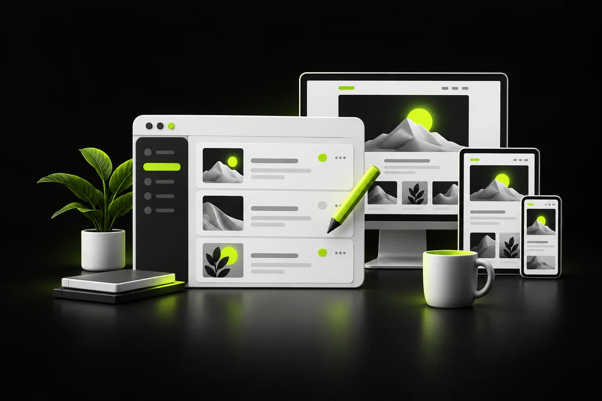 Content editor and responsive website previews illustrating WordPress website management Content editor and responsive website previews illustrating WordPress website management